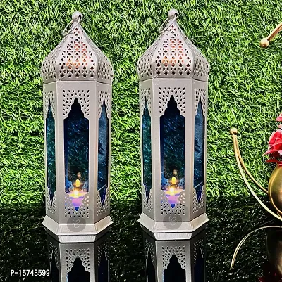 Imrab Creations Moroccan Iron Antique Moksha Hanging Lantern | Laltern Lamp with Tealight Candle Holder (Blue)-thumb0