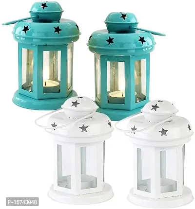 Imrab Creations Moksha Gold Hanging Lantern/Laltern with Tealight Candle Holder (Pack of 4, Combo) (Blue-White)