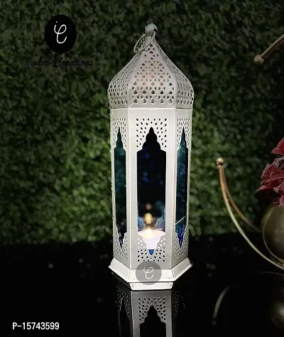 Imrab Creations Moroccan Iron Antique Moksha Hanging Lantern | Laltern Lamp with Tealight Candle Holder (Blue)-thumb3