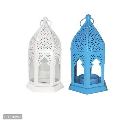 Imrab Creations Decorative Moksha Hanging Lantern/Lamp with t-Light Candle (White-Blue, 2)