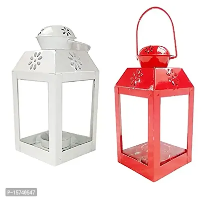 Imrab Creations Decorative Sweetheart Square Hanging Lantern Lamp with Tealight Candle Holder (Set of 2, Combo, White-Red)
