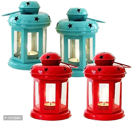 Imrab Creations Decorative Star Moksha Gold Hanging Lantern/Laltern with Tealight Candle Holder (Pack of 4, Combo) (Blue-Red)
