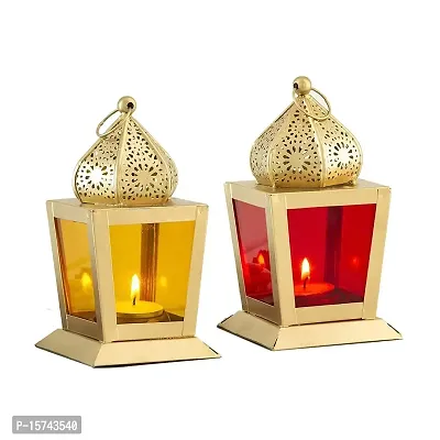 Imrab Creations Decorative Sweetheart Square Hanging Lantern | Laltern Lamp with Tealight Candle Holder (RedYellow, Set of 2, Combo)
