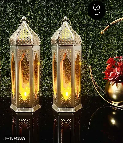 Imrab Creations Moroccan Iron Antique Moksha Hanging Lantern | Laltern Lamp with Tealight Candle Holder (Yellow, Set of 2)-thumb0