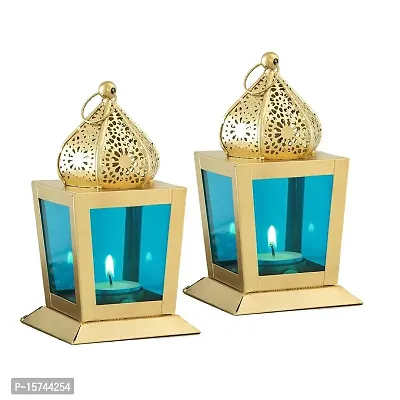 Imrab Creations Moksha Decorative Sweetheart Square Hanging Lantern | Laltern Lamp with Tealight Candle Holder (Blue, Pack of 2, Combo)-thumb0