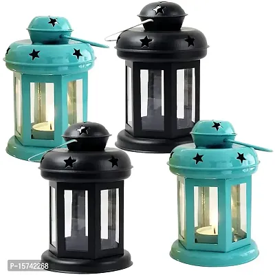 Imrab Creations Decorative Iron Moksha Hanging Lantern/Laltern with Tealight Candle Holder (Pack of 4, Combo) (Black-Blue)