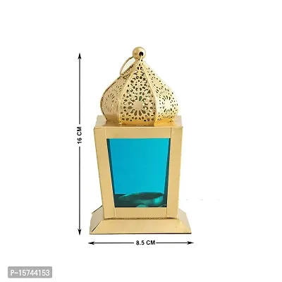 Imrab Creations Antique Decorative Sweetheart Square Shape Hanging Lantern | Laltern Lamp with Tealight Candle Holder (YellowSkyBlue, Set of 2, Combo)-thumb2