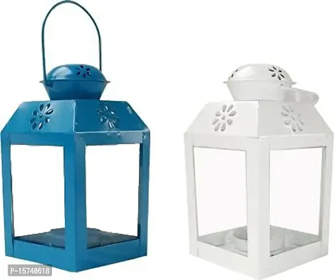 Imrab Creations Decorative Antique Sweetheart Square Hanging Lantern | Laltern Lamp with Tealight Candle Holder for Home | Garden (Set of 2, Combo, White-Blue)