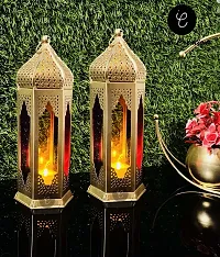 Imrab Creations Moroccan Iron Antique Moksha Hanging Lantern | Laltern Lamp with Tealight Candle Holder | Tabletop Centerpiece (Set of 2, Combo) (Gold-Red-Yellow-Blue)-thumb1