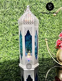 Imrab Creations Moroccan Iron Antique Moksha Hanging Lantern | Laltern Lamp with Tealight Candle Holder (Blue)-thumb1