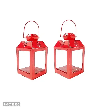 Imrab Creations Antique Decorative Sweetheart Square Hanging Lantern | Laltern Lamp with Tealight Candle Holder (Set of 2, Combo, Red)-thumb0