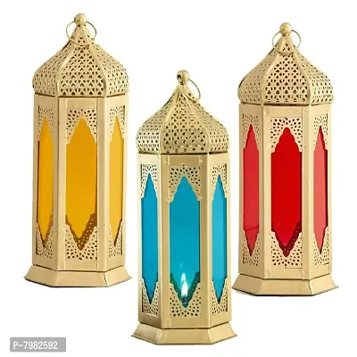 Imrab Creations Gold Iron Hanging Lantern with Red, Yellow and Blue Glasses ( Set of 3)