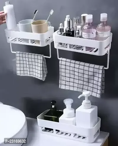 Bathroom Shelf With Towel Hanger (White, 2 Bathroom Shelf + 2 Hanger) 4Pcs Plastic Wall Shelf (Number Of Shelves - 4, White)-thumb0