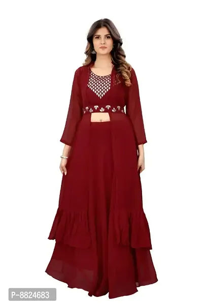 Elegant Maroon Georgette Gota Patti Embroidered Stitched Gown For Women-thumb0