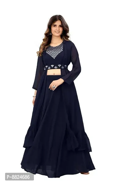 Elegant Navy Blue Georgette Gota Patti Embroidered Stitched Gown For Women-thumb0