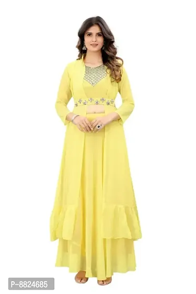 Elegant Yellow Georgette Gota Patti Embroidered Stitched Gown For Women