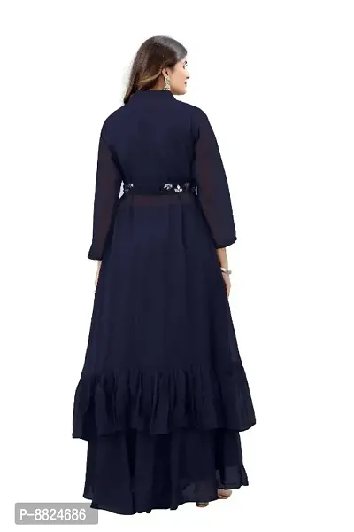 Elegant Navy Blue Georgette Gota Patti Embroidered Stitched Gown For Women-thumb2