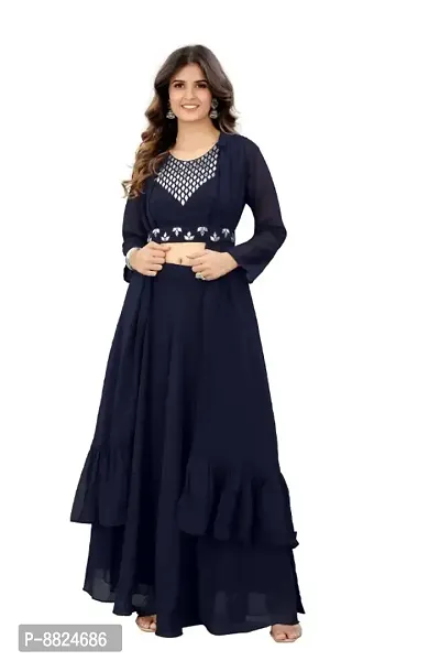 Elegant Navy Blue Georgette Gota Patti Embroidered Stitched Gown For Women-thumb3