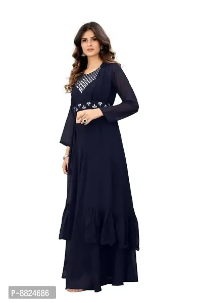 Elegant Navy Blue Georgette Gota Patti Embroidered Stitched Gown For Women-thumb5