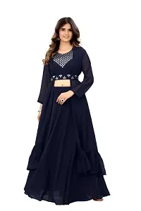 Elegant Navy Blue Georgette Gota Patti Embroidered Stitched Gown For Women-thumb3