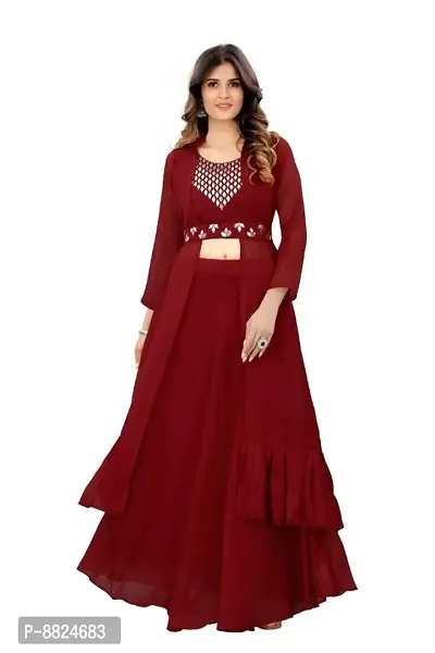 Elegant Maroon Georgette Gota Patti Embroidered Stitched Gown For Women-thumb3