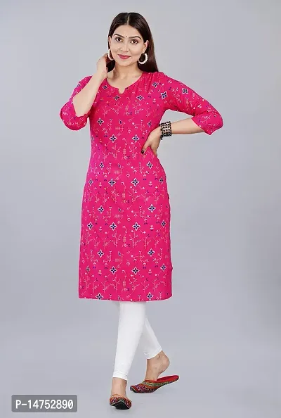 SK2FAHION Women's Printed Rayon Fabric Round Neck 3/4 Sleeve Stylish Kurta Pink-thumb3