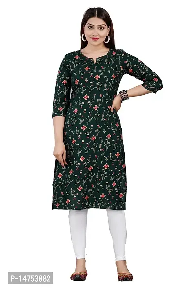 SK2FAHION Women's Printed Rayon Fabric Round Neck 3/4 Sleeve Stylish Kurta Green-thumb0