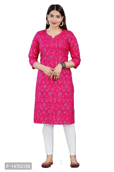 SK2FAHION Women's Printed Rayon Fabric Round Neck 3/4 Sleeve Stylish Kurta Pink