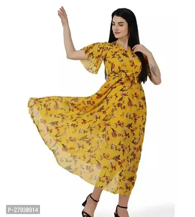 Stylish Yellow Georgette Printed Dress For Women