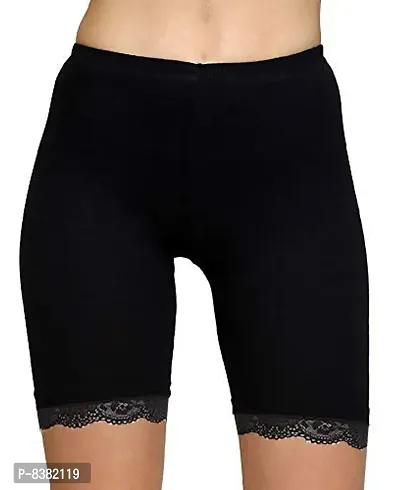 ShopOlica Women's Cycling Shorts Tights Shorties 4 Way Stretch Cotton Spandex High Waist Innerwear Shorts with Lace - (Medium, Black)-thumb0