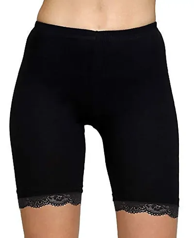 ShopOlica Women's Cycling Shorts Tights Shorties 4 Way Stretch Cotton Spandex High Waist Innerwear Shorts with Lace - (Medium, Black)
