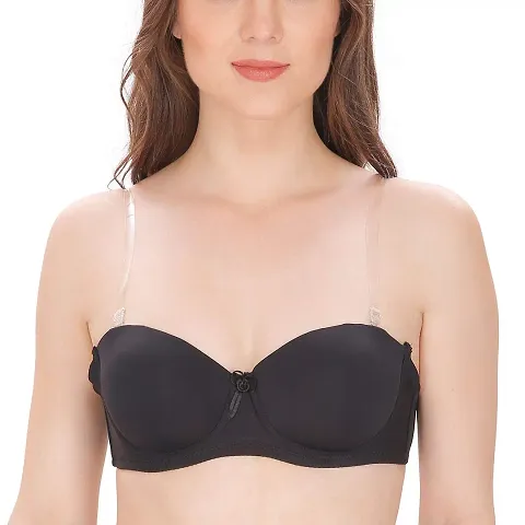 ShopOlica Women's Straplessback Underwire Demi Cup Padded Bra with Transparent Back Straps Black