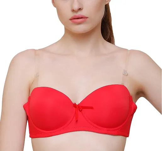 ShopOlica Women's Silicone Lightly Padded with Removable Pads Wired Push-Up Bra (Transparent-bra-Red-B-36_Red_36)