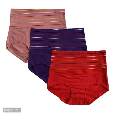 ShopOlica Women's Cotton High Waist Panties Full Coverage Brief Panties (Pack of 3, Red, Blue, Salmon Pink)