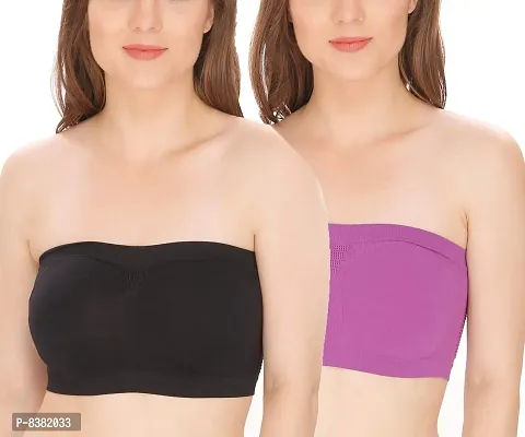 ShopOlica Women's Nylon  Spandex Non Padded Non-Wired Bandeau Bra (Bra_black-purple_Black  Purple_Free size)