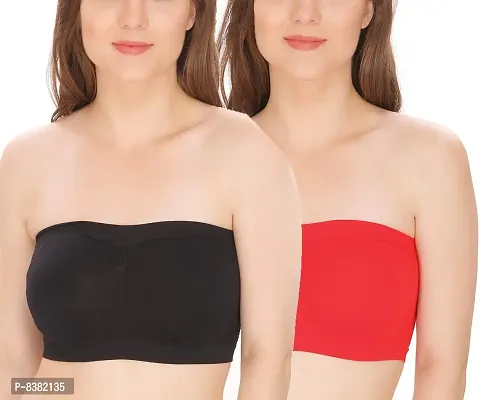 ShopOlica Women's Nylon  Spandex Non Padded Non-Wired Bandeau Bra (Bra_Black-red_Black  Red_Free size)