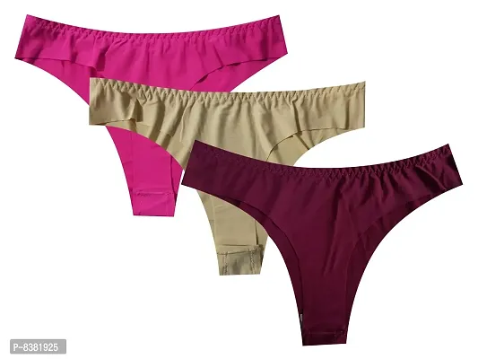 ShopOlica Women's Nylon Blend Thongs (Pack of 3) (Thong-Seamless-Panty-1315_Skin, Pink, Wine_One Size)-thumb0