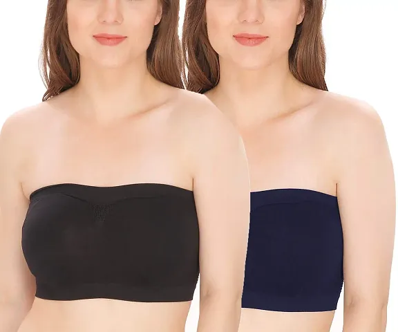 ShopOlica Women's Nylon Spandex Non Padded Non-Wired Bandeau Bra (Bra_Black-NavyBlue_N_Black Blue_Free size)