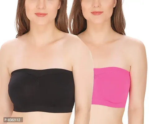 ShopOlica Women's Nylon  Spandex Non Padded Non-Wired Bandeau Bra (Bra_Black-pink_Black  Pink_Free size)