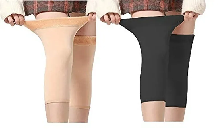 ShopOlica Women & Men Woolen Leg Warmer Knee Cap Winter Fur Long Warmers Over Knee High Footless Socks - ( Black & Skin)