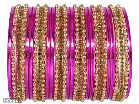 DONERIA Metal Base Metal with Zircon Gemstone worked and Linked with Ball Chain Glossy Finished Bangle Set For Women and Girls, (DarkPink_2.4 Inches), Pack Of 30 Bangle Set-thumb0