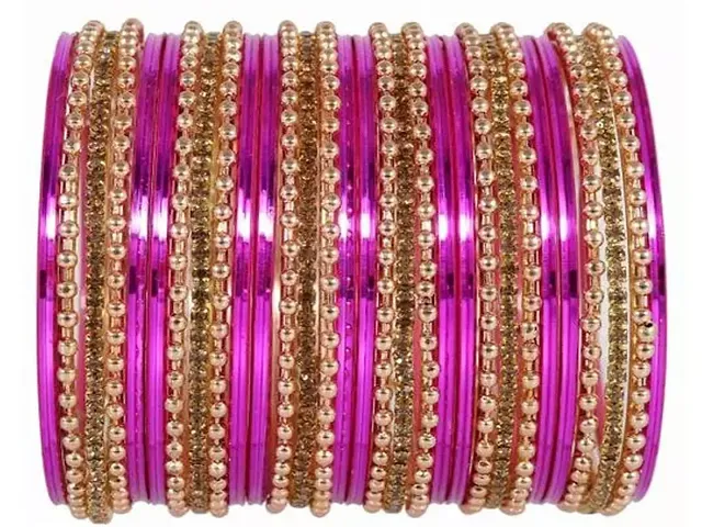 DONERIA Metal Base Metal with Zircon Gemstone worked and Linked with Ball Chain Glossy Finished Bangle Set For Women and Girls, (DarkPink_2.2 Inches), Pack Of 30 Bangle Set