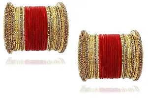 DONERIA Metal Base Metal with Zircon Gemstone Or Velvet worked Glossy Finished Bangle Set, (Red_2.2 Inches), Pack Of 48 Bangle Set-thumb1
