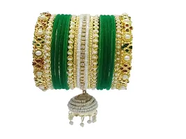 DONERIA Metal Base Metal with Zircon Gemstone Or Velvet worked and Ball Chain with Jhumki Type Latkan Bangle Set For Women and Girls, (Green_2.4 Inches), Pack Of 30 Bangle Set-thumb1