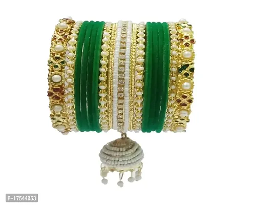 DONERIA Metal Base Metal with Zircon Gemstone Or Velvet worked and Ball Chain with Jhumki Type Latkan Bangle Set For Women and Girls, (Green_2.4 Inches), Pack Of 30 Bangle Set-thumb2