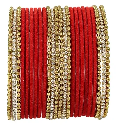 DONERIA Metal Base Metal with Velvet Or Zircon Gemstone worked and Linked with Ball Chain Bangle Set For Women and Girls