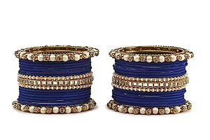 DONERIA Metal Base Metal with Zircon Gemstone Or Pearl worked and Linked with Ball Chain Glossy Finished Bangle Set For Women and Girls, (Blue_2.4 Inches), Pack Of 34 Bangle Set-thumb3