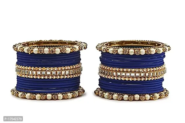 DONERIA Metal Base Metal with Zircon Gemstone Or Pearl worked and Linked with Ball Chain Glossy Finished Bangle Set For Women and Girls, (Blue_2.4 Inches), Pack Of 34 Bangle Set-thumb4