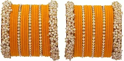 DONERIA Non-Precious Metal Base Metal with Pearl Or Velvet worked Glossy Finished Bangle Set For Women and Girls, (Haldi_2.4 Inches), Pack Of 42 Bangle Set-thumb2