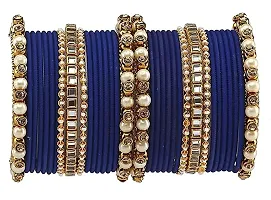 DONERIA Metal Base Metal with Zircon Gemstone Or Pearl worked and Linked with Ball Chain Glossy Finished Bangle Set For Women and Girls, (Blue_2.4 Inches), Pack Of 34 Bangle Set-thumb2